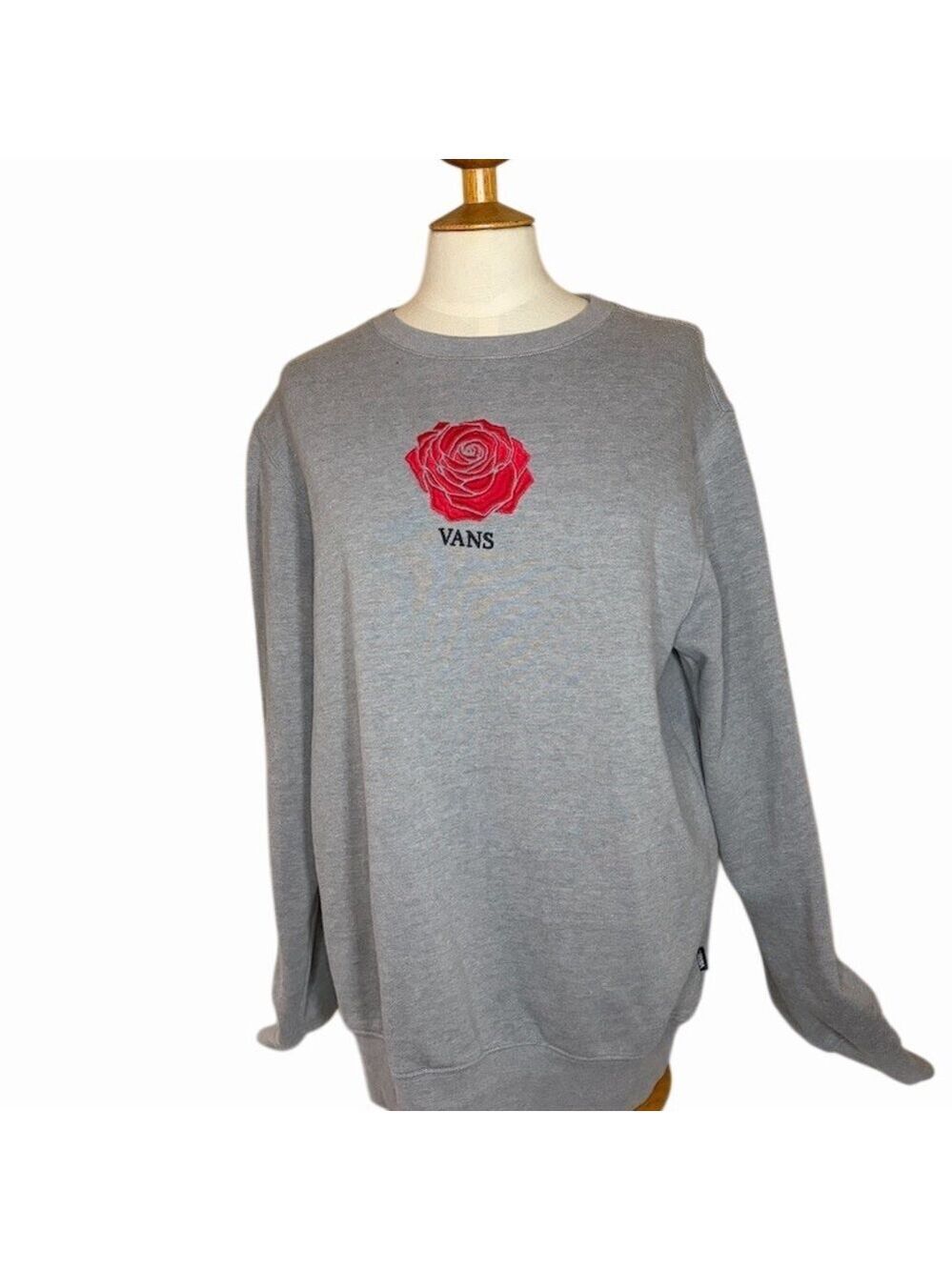 Vans Sweatshirt Unisex Adults Size S Heather Gray Crewneck Red Rose Logo